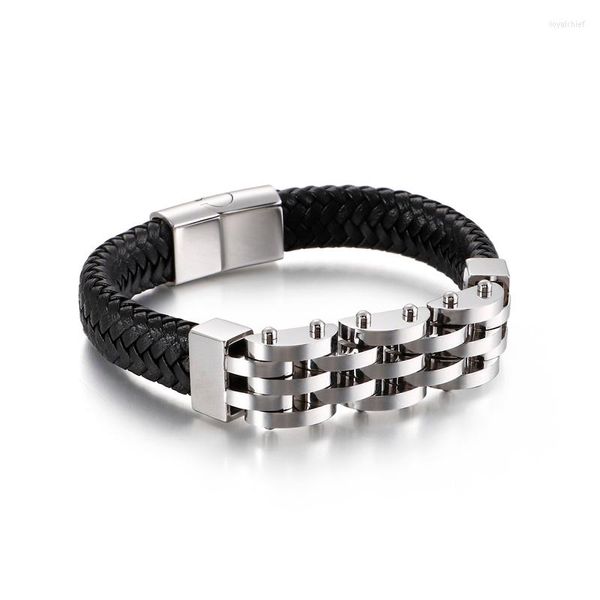 Lien Bracelets En Acier Inoxydable Aimant Boucle Tressé Bracelet En Cuir Noir Multi Couche Roue Dentée Hommes Punk Bijoux 210 12mm