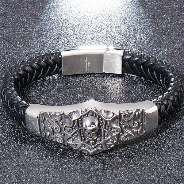 Pulseiras de link Steampunk Skull Bracelet For Men Trançado Couro Aço Inoxidável Curb Chain Men's Wrist Charme Masculino Jóias Atacado