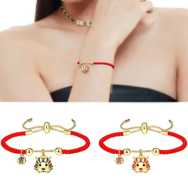 Pulseras de eslabones Pareja de estudiantes Lindo tigre de la suerte Pulsera de estilo chino de hilo rojo