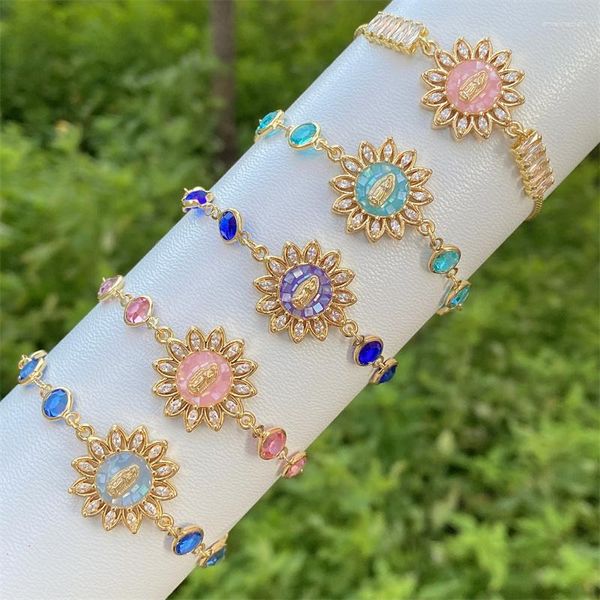 Pulseras de eslabones Girasol Abulón Chips Shell Virgen María para las mujeres Cadena de oro Pulsera Brazalete CZ Zirconia Joyería al por mayor Gif