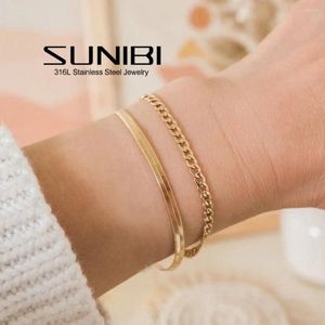 Pulseras de eslabones Sunibi clásico de doble capa para mujeres de acero inoxidable delicado chapado en oro serpiente cadena cubana pulsera joyería al por mayor