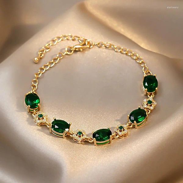 Pulseras de eslabones Temperamento Pulsera de cadena de circón verde para mujer Chica Moda Brillo Cristal Joyería de muñeca Geométrica Fiesta de bodas Cumpleaños