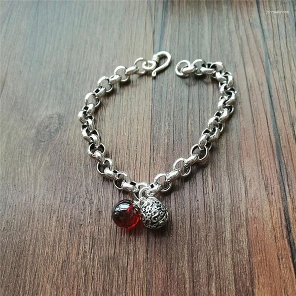 Pulseras de eslabones Color plata tailandesa Moda Vintage Pequeña campana Pulsera con dijes de piedra roja para mujeres Hombres Diseño de gama alta Brazaletes de joyería de tendencia