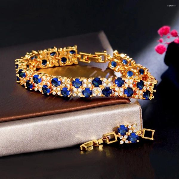 Pulseras de eslabones ThreeGraces Elegante azul Cubic Zirconia Color dorado Lujoso Nigerian Dubai Boda Pulsera de fiesta para mujeres Joyería de moda