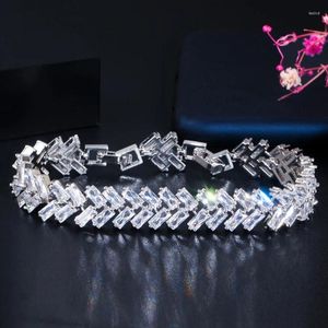 Link Armbanden Three Graces Sparkling Baguette Cubic Zirconia Bridal Wedding CZ Tennis Bracelet for Women Trendy Party Jewelry BR259