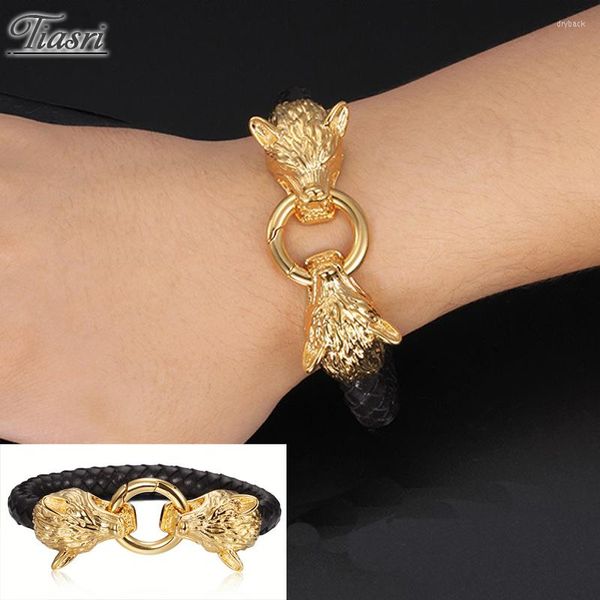 Lien Bracelets Tiasri 2022 Cool Jaune Or 316L En Acier Inoxydable Loup Fermoir Hommes Bracelet En Cuir Mâle Bijoux Accessoires Cadeau