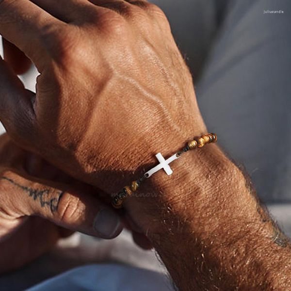 Pulseras de eslabones Pulsera de ojo de tigre Cruz para hombres o mujeres Cuentas amarillas de 4 mm Hombre Surfista con cuentas para hombre