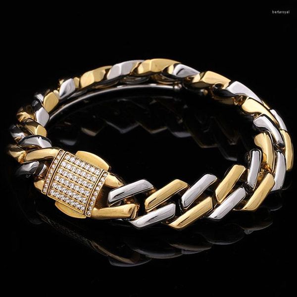 Lien Bracelets Titane Acier Chaîne Cubaine 12mm Hip Hop Bracelet Zircon Brillant Hommes Or Couleur Argent Couleur Mixte Losange Collier