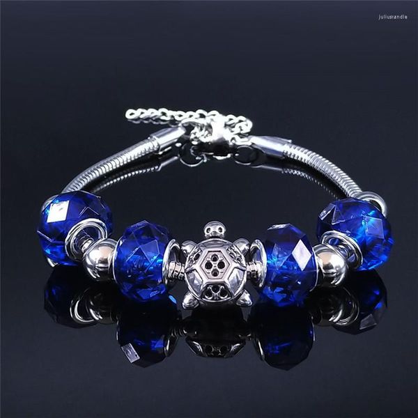 Bracelets à maillons tortue en acier inoxydable, perle de verre bleue, Bracelet à breloques pour femmes, couleur argent, bijoux Pulseras Mujer Moda BXS01