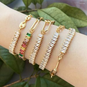 Link Armbanden Trendy Half Tennis CZ Paper Clip Chain For Women Gold Color Chic Bangle bij de hand Shiny Crystal Metal Jewelry Kah270