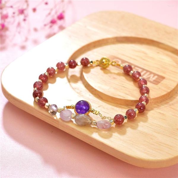 Lien Bracelets À La Mode Petite Chaîne Pierre Naturelle Fraise Cristal Métal Or Pour Femmes Bijoux Fille Cadeaux Énergie Yoga Soleil Perles 7.5 pouces