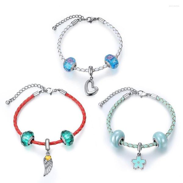 Pulseras de eslabones, brazaletes con dijes Viennois para mujer, cuentas de corazón de flor de ala, pulsera de cuero de acero inoxidable bohemia, fabricación de joyas