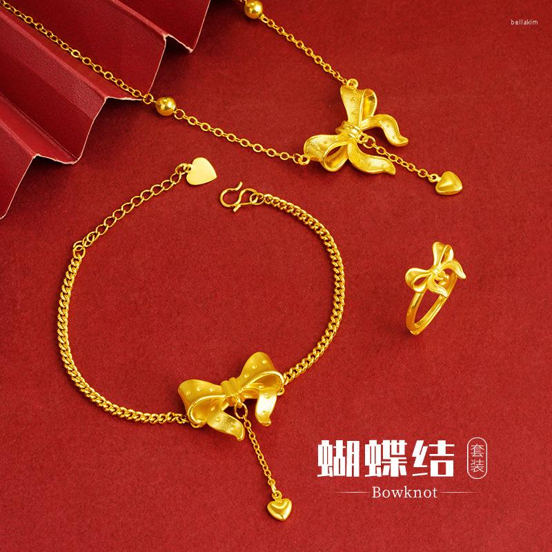 Link Bracelets Vietnam Shajin Simple Bow Set Necklace Bracelet Women's Ring Versatile Imitation Gold Jewelry Pulsera De Collar Mujer