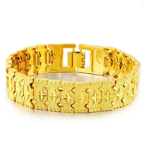 Link Bracelets Vintage 24k Gold Bracelet ancho de 21 cm Cadenas cubanas de brazalete dorado grueso para hombres Regalos de joyería de fiesta de bodas para mujeres