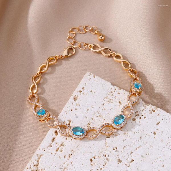 Bracelets à maillons Vintage en Zircon bleu pour femmes, tendance, couleur or, chaîne géométrique en acier inoxydable, bijoux, cadeau d'anniversaire