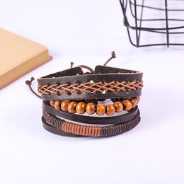 Link Armbanden Vintage Bruine Bead for Men Fashion Hollow Triangle Leather Lederen Bracelet Boernes Meerlagige Wide Wrap Couple sieraden