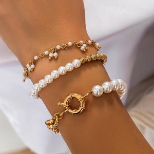 Link Armbanden Vintage Charm Goud Kleur Imitatie Parel Kralen Armband Voor Vrouwen Meisjes Verstelbare Tieners Decor Vrouwelijke Sieraden