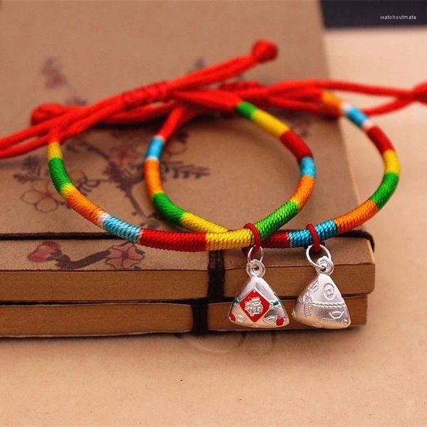 Pulseras de eslabones Pulsera colorida vintage Bendición de plata completa Colgante tejido Cuerda de mano roja Regalo de estilo étnico lindo para niños Mujeres