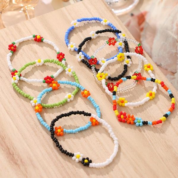 Pulseras de enlace Vintage Moda Flor Colorida Cuenta de arroz para mujeres Moda Mujer Pulsera ajustable Joyería Regalo 2022 Bijoux Femme