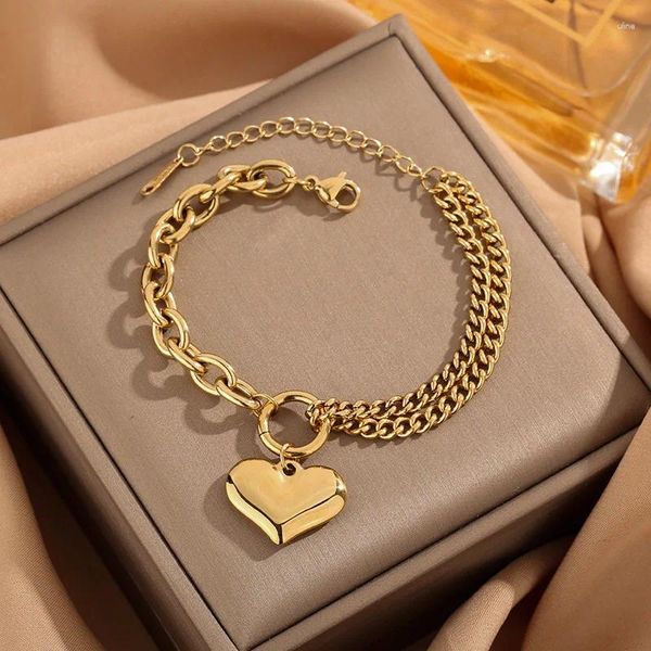 Bracelets à maillons Vintage en acier inoxydable plaqué or, chaîne d'épissure de cœur d'amour pour femmes, bijoux de poignet épais bohème pour filles