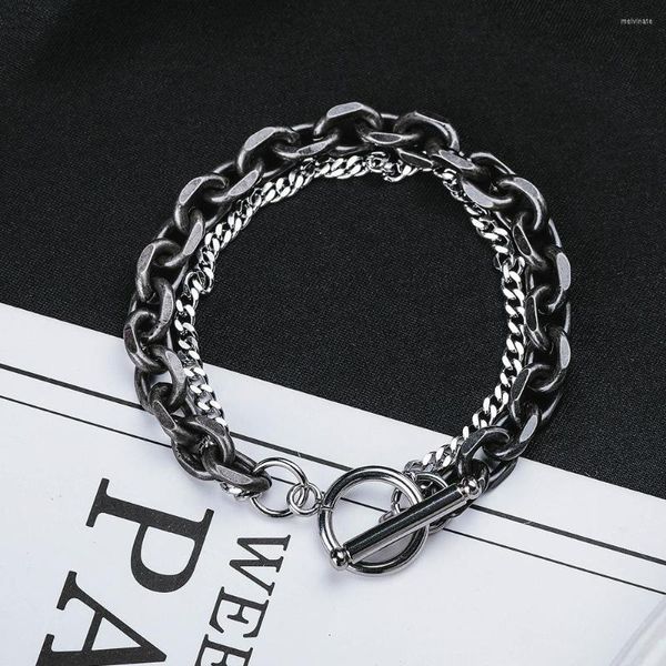 Lien Bracelets Vintage Hommes Double-Chaîne Trombone OT Boucle Bracelet En Acier Inoxydable Bascule-Fermoir Punk Mâle Bijoux