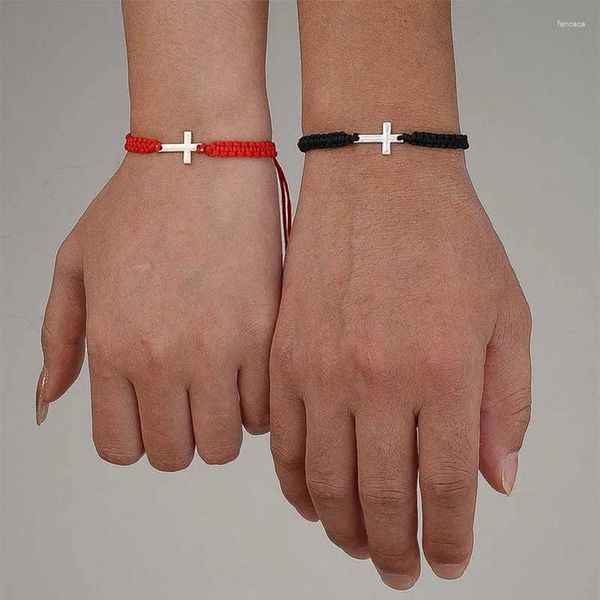Lien Bracelets Vintage Métal Croix Bracelet Tressé Pour Femmes Hommes Couple Mode Rouge Noir Tissé À La Main Ajustable Charme Bracelet Bijoux