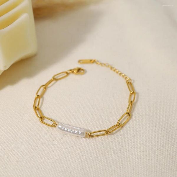 Bracelets à maillons Vintage en acier inoxydable, chaîne plaquée or 14 carats, grande perle baroque naturelle irrégulière, réglable pour femmes