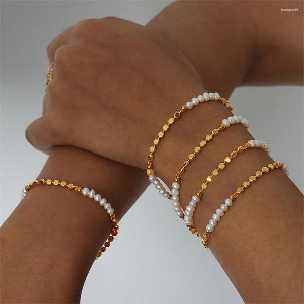 Pulseras de eslabones Temperamento vintage Chapado en oro y cobre Pulsera de perlas de imitación unidas para mujer Joyería de regalo para niña Accesorios para mujer