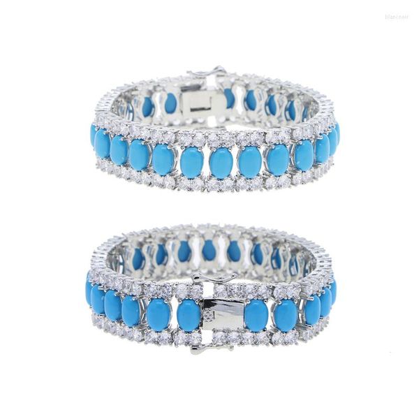 Lien Bracelets Or Blanc Plaqué Couleur Mode Haute Qualité Femmes Fille Bijoux Géométrique Ovale Forme Bleu Turquoises CZ Tennis