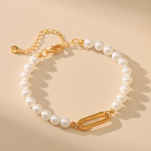 Lien Bracelets Blanc Rond Perle Femmes Bracelet Plaqué Or 18k Trombone Chaîne De Mode De Noce Bijoux Cadeau Jour Porter À La Main