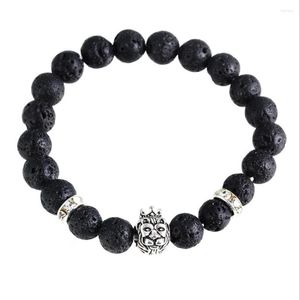 Pulseras de eslabones, venta al por mayor, pulsera de corona con León chapado en plata antigua, cuentas de piedra de Lava Natural, circón para hombres y mujeres