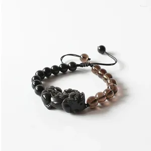 Bracelets de liaison en gros chinois traditionnel pixiu dragon noir obsidien avec des perles de cristal fumé bracelet masculin