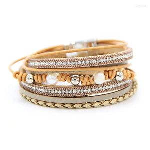 Bracelets à maillons en gros de mode Bracelet à pression magnétique en peau de vache tissé perle bijoux pour femmes