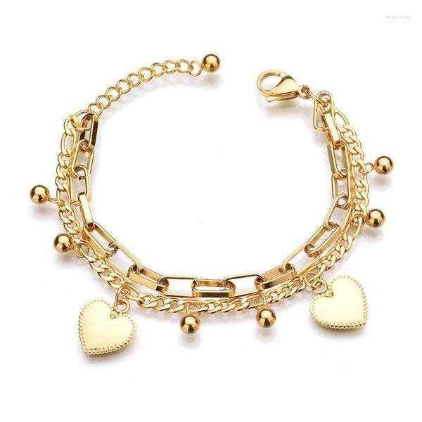 Bracelets à maillons pour femmes, vente en gros de bijoux, breloque en forme de cœur en acier titane 316L, 2 lignes, 17.5 Cm, 3.5, ne se décolore pas, vente en gros