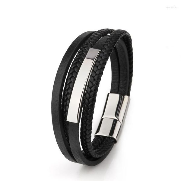 Bracelets à maillons pour hommes, vente en gros, pression magnétique, tissé artificiel, multicouche, Tube en acier inoxydable, cuir