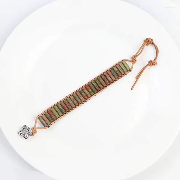 Bracelets de liaison en gros de pierres naturelles fleurs à la main Fleurs de bracelet vert perles de tube en cuir couples de chakra bijoux