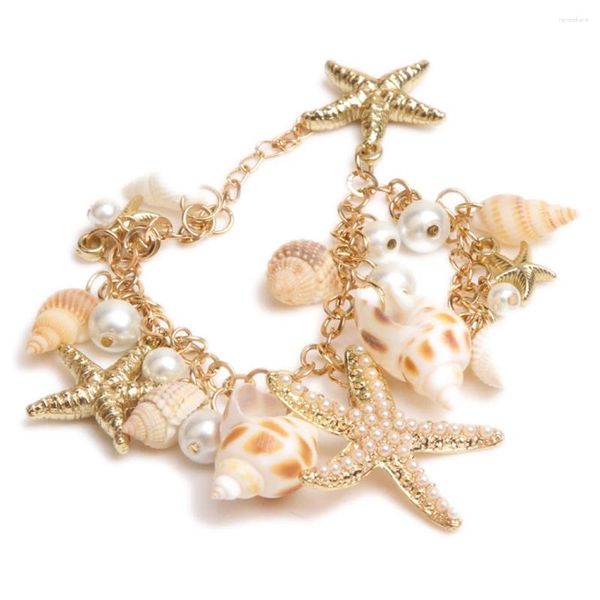 Pulseras de eslabones Pulsera de playa para mujer Lindo ajustable Chapado en oro Océano Falsa perla Concha Cadena de estrella de mar