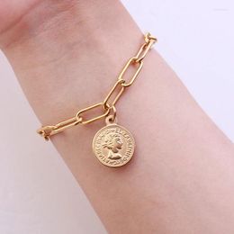 Bracelets à maillons en acier inoxydable pour femmes et hommes, pièce de monnaie, couleur or/argent, médaille Elizabeth en métal