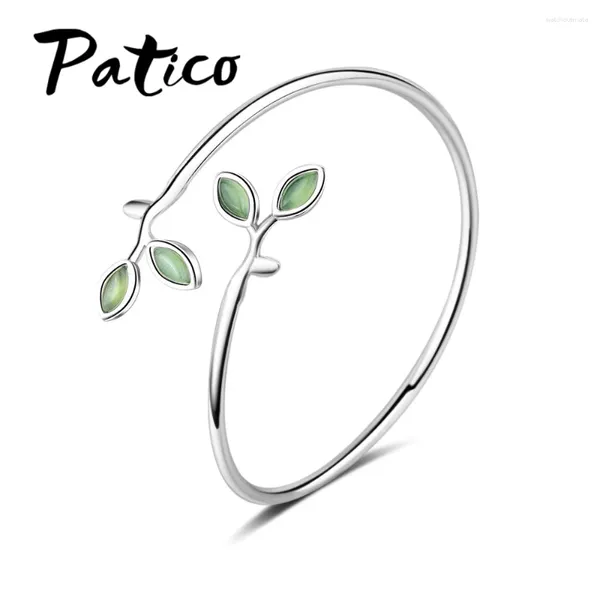 Pulseras de eslabones para mujer, brazalete de hojas con estilo, Plata de Ley 925, brazalete con apertura de hoja delicada, venta al por menor