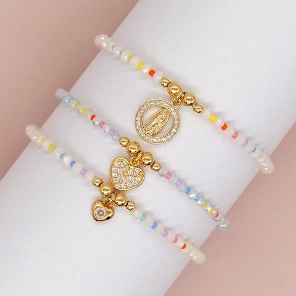 Pulseras de eslabones YASTYT Pulsera de cuentas coloridas de cristal Moda Mujer Zirconia Amor Corazón Encanto Jesús CZ Colgante brilla con fe y belleza