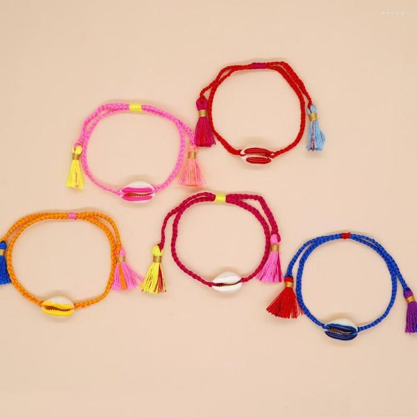 Pulseras de eslabones YASTYT Pulsera de concha colorida hecha a mano Emparejamiento de joyas Cuerda tejida del mismo color Tamaño ajustable con cordones para mujeres