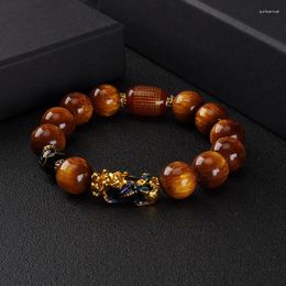 Bracelets à maillons en pierre d'oeil de tigre jaune, Pixiu Wangyun, chaîne à main en ambre naturel pour hommes et femmes