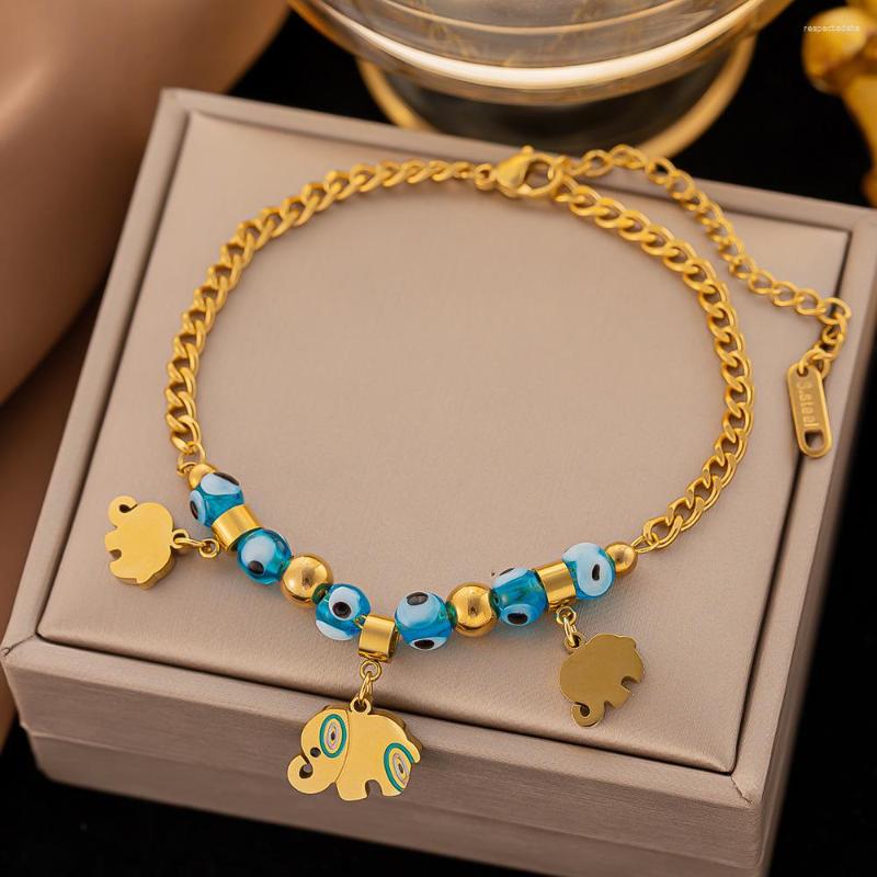Länkarmband yoiumit personlig modeblomma runda blåögda elefant 18k guld färg rostfritt stål för kvinnor armband kvinnliga smycken