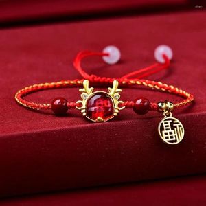 Pulseras de eslabones Zodiac Dragon Pulsera de animales tejida hecha a mano Estilo chino Transferencia en forma de cuentas Amuleto Lucky Red Rope