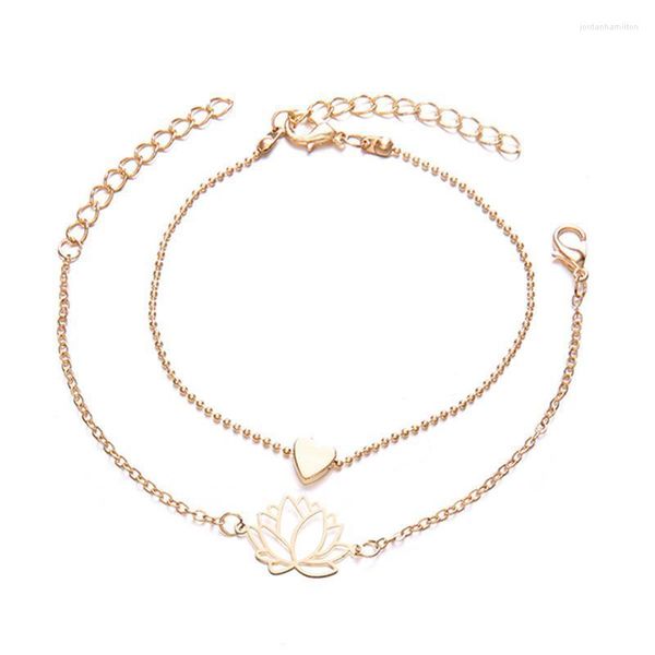 Lien chaîne 2022 Double couche Bracelet pour femmes en acier inoxydable bijoux accessoires coeur Lotus fleur breloques mariage luxe cadeau ensemble