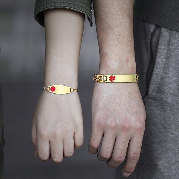 Cadena de eslabones 2 piezas Pulsera de identificación de alerta para mujeres Hombres Pareja Color dorado Brazalete de rescate de emergencia de acero inoxidable Joyería de San Valentín KBM170Link LiLin