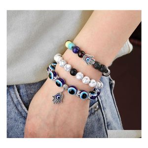 Link Chain 2pcs Evil Blue Eye kralen charme stretch armband 7 chakra's edelsteen lava stenen hamsa hand armbanden drop levering sieraden dhfbz