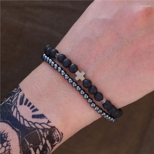 Link Chain 2pcs Fashion Men Natural Lava Stone Cross Bead Bracelet Black hematiet kralen streng gezondheidszorg eenvoudige sieraden