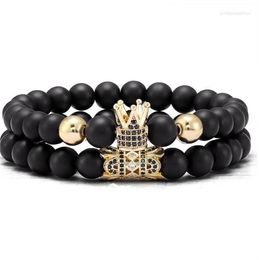 Chaîne à maillons 2 pièces/lot 8mm couronne or argent cuivre Cz Zircon cubique zircone perles Yoga Bracelet élastique Agate pierre bracelets Ryt3f