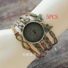 Link Chain 5 STKS DIY Multi Layer Leer Geweven Armband 25 MM Ronde Po Glas Cabochon Maken Bangle Blank Basisafstelling Bezel Tray J250j